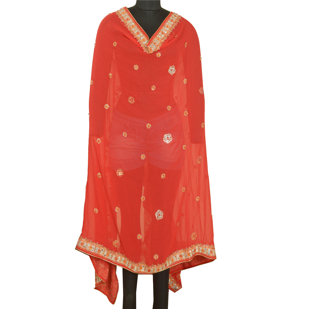 Sanskriti Vintage Red Dupatta Pure Georgette Silk Hand Beaded Party Wrap Stole
