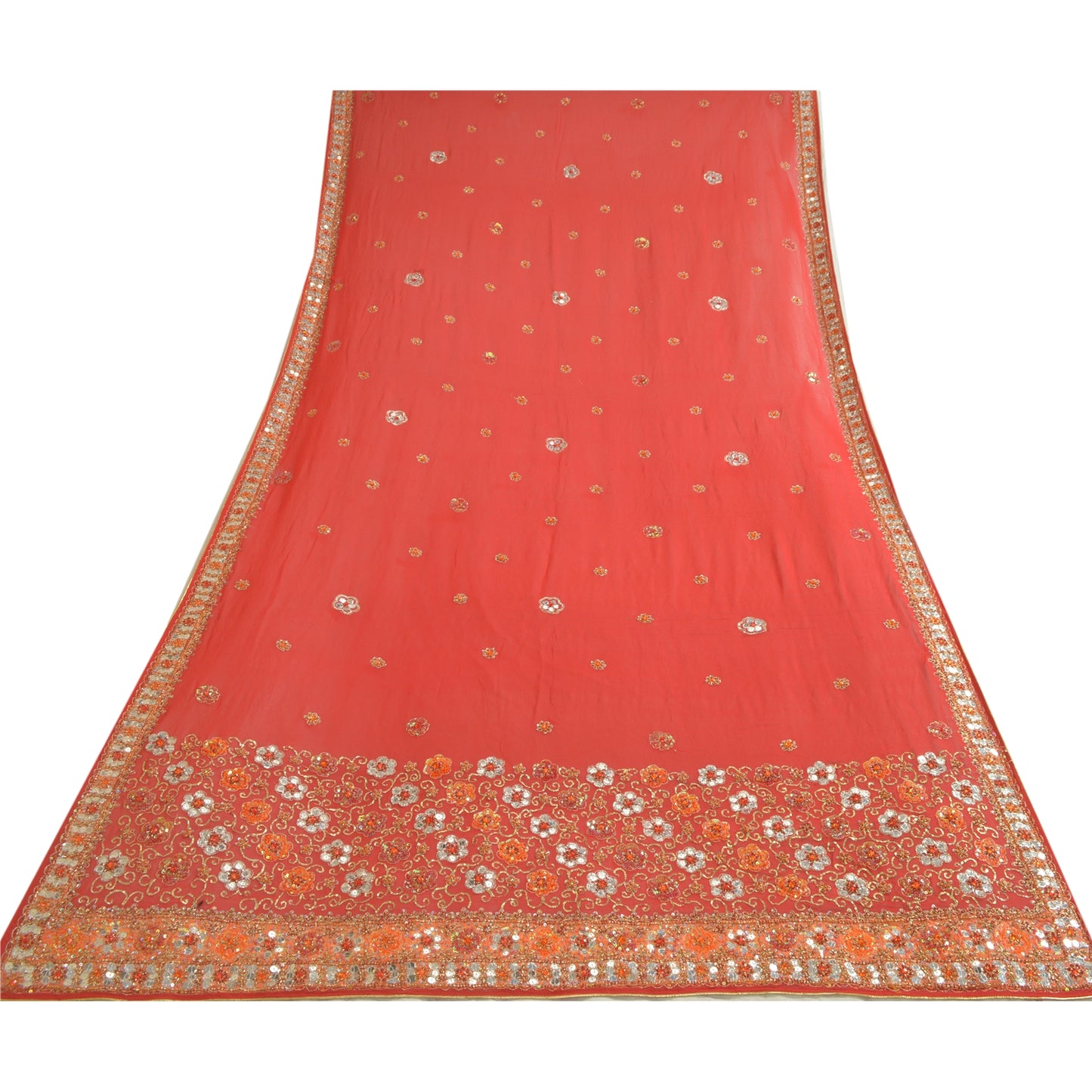 Sanskriti Vintage Red Dupatta Pure Georgette Silk Hand Beaded Party Wrap Stole