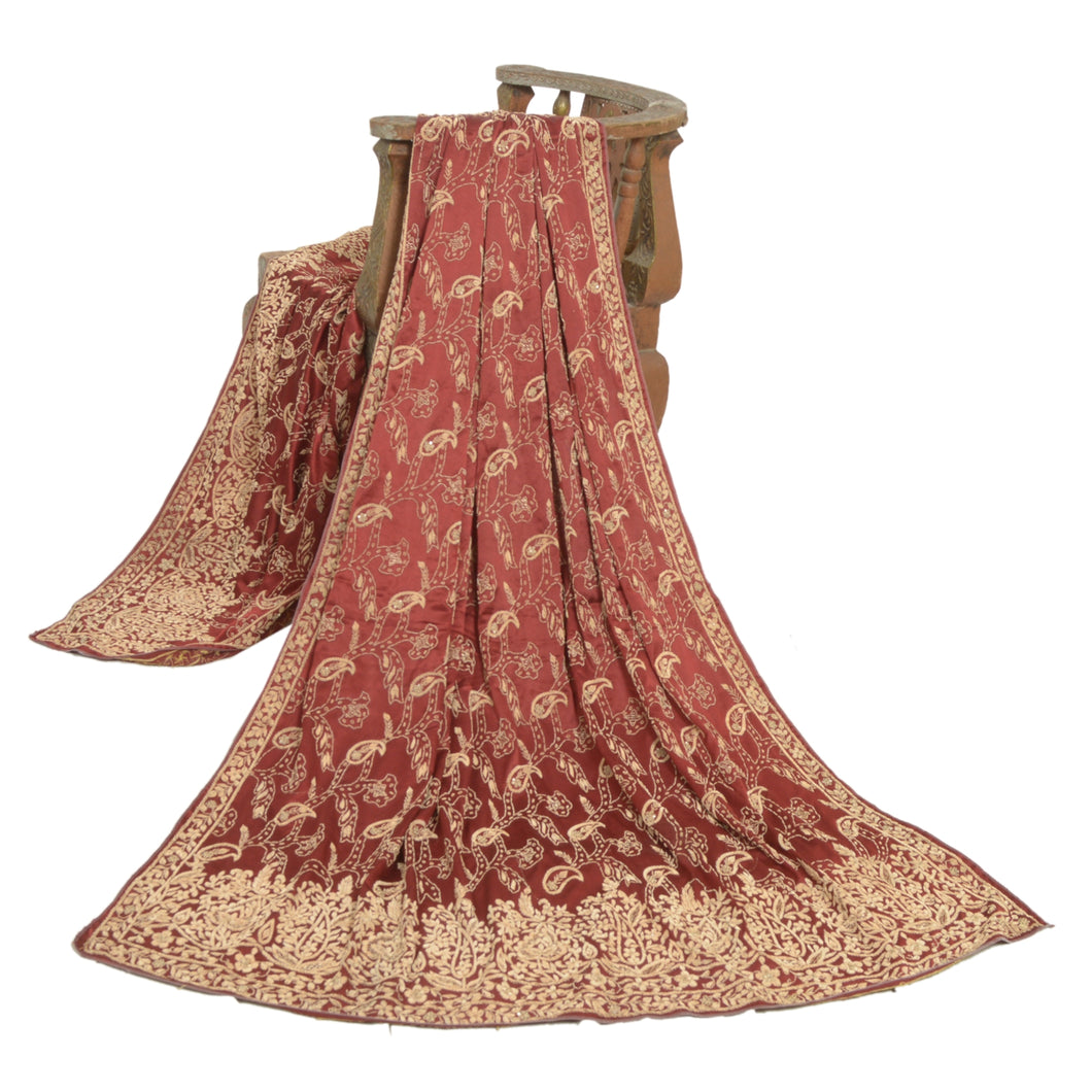 Sanskriti Vintage Long Dupatta Satin Dark Red Hand Embroidered Zardozi Stole