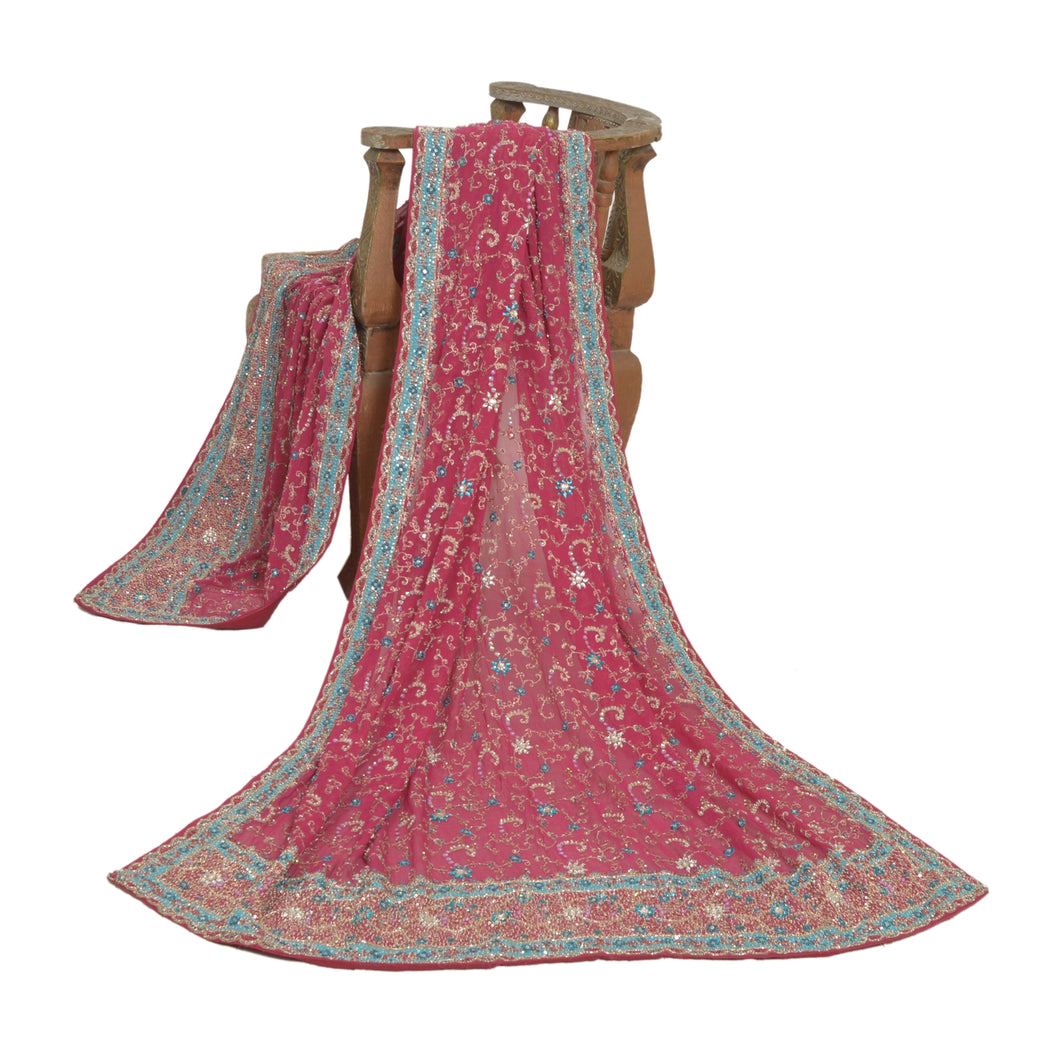 Sanskriti Vintage Pink Dupatta Pure Georgette Silk Hand Beaded Wedding Stole