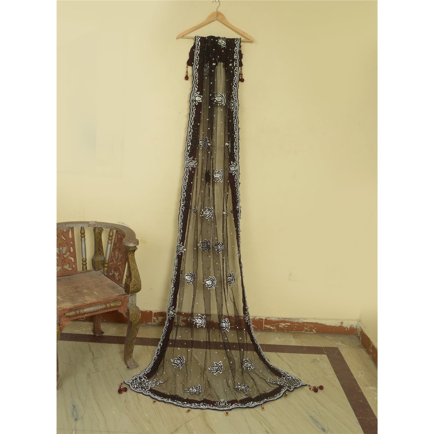 Sanskriti Vintage Black Long Dupatta Stole Net Mesh Veil Hand Beaded Scarves