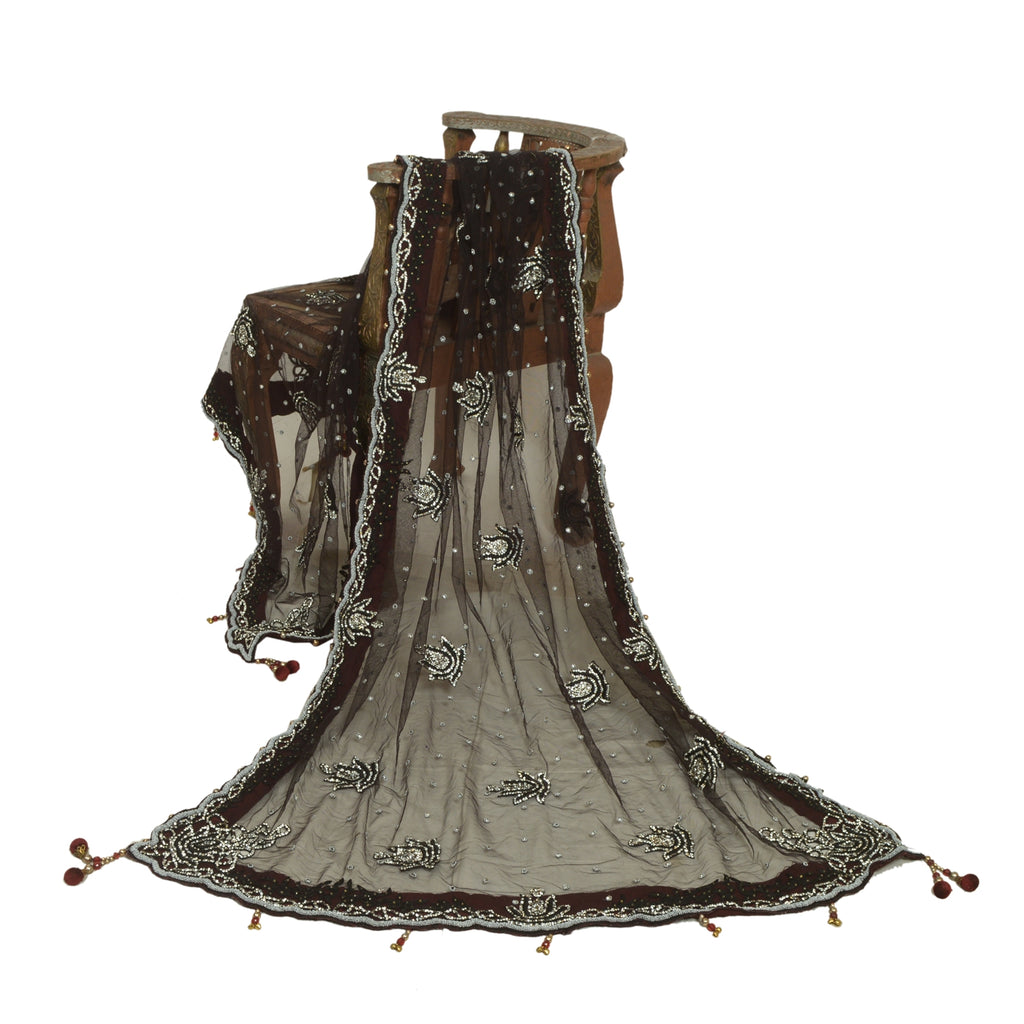 Sanskriti Vintage Black Long Dupatta Stole Net Mesh Veil Hand Beaded Scarves