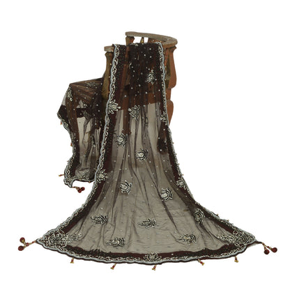 Sanskriti Vintage Black Long Dupatta Stole Net Mesh Veil Hand Beaded Scarves