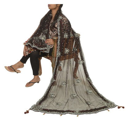 Sanskriti Vintage Black Long Dupatta Stole Net Mesh Veil Hand Beaded Scarves