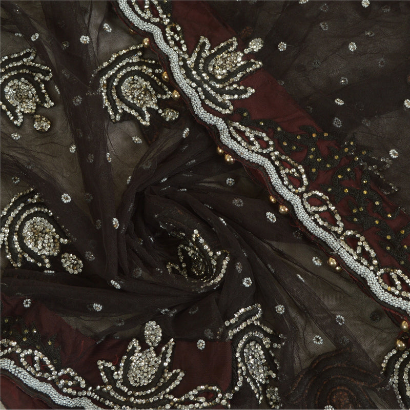 Sanskriti Vintage Black Net Mesh Long Dupatta Stole Veil Hand Beaded rafting, Upcycling, Recycling, Dress Making,Home Decor