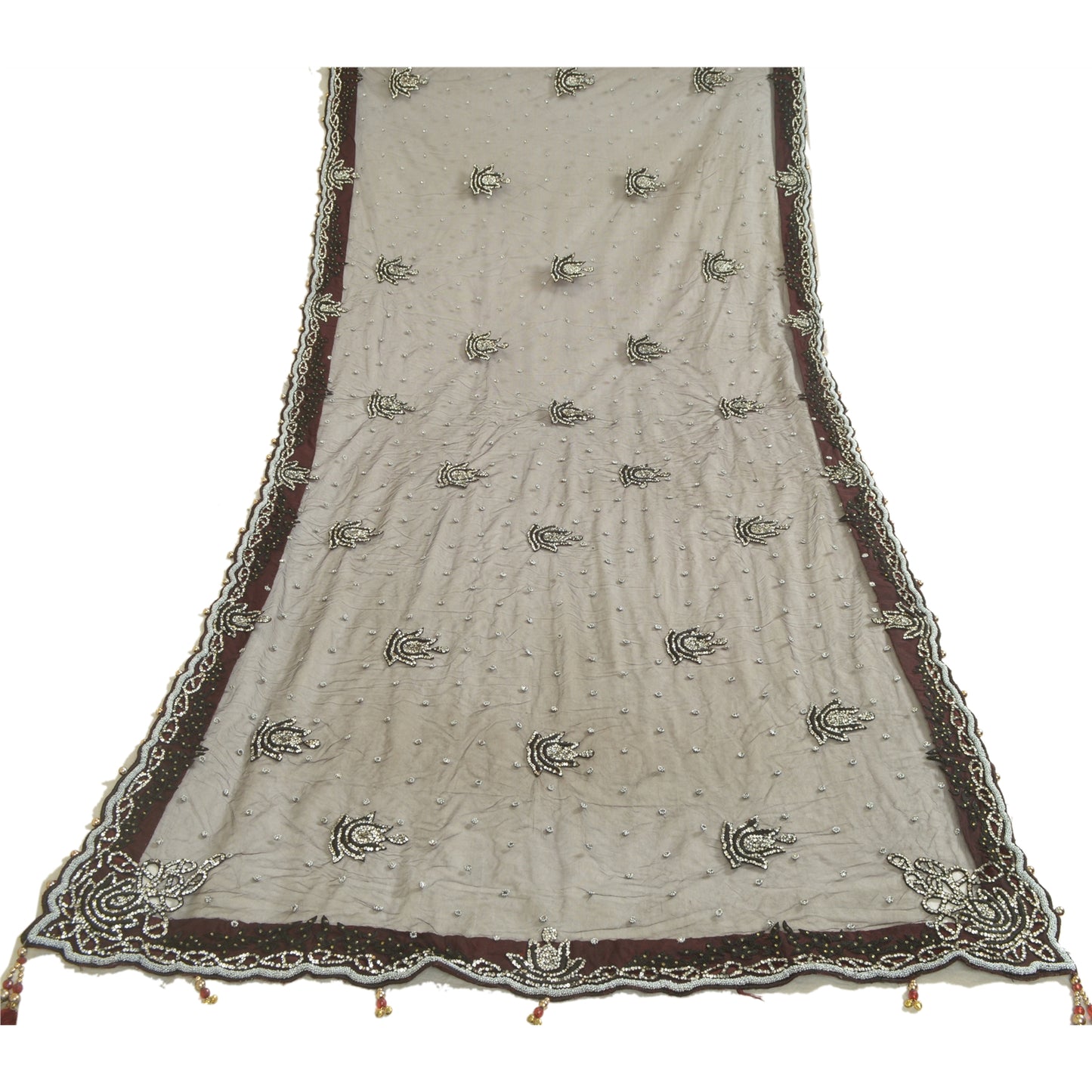 Sanskriti Vintage Black Long Dupatta Stole Net Mesh Veil Hand Beaded Scarves