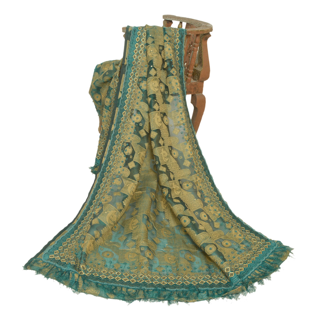 Sanskriti Vintage Long Green Dupatta/Stole Pure Organza Silk Hand Beaded Woven