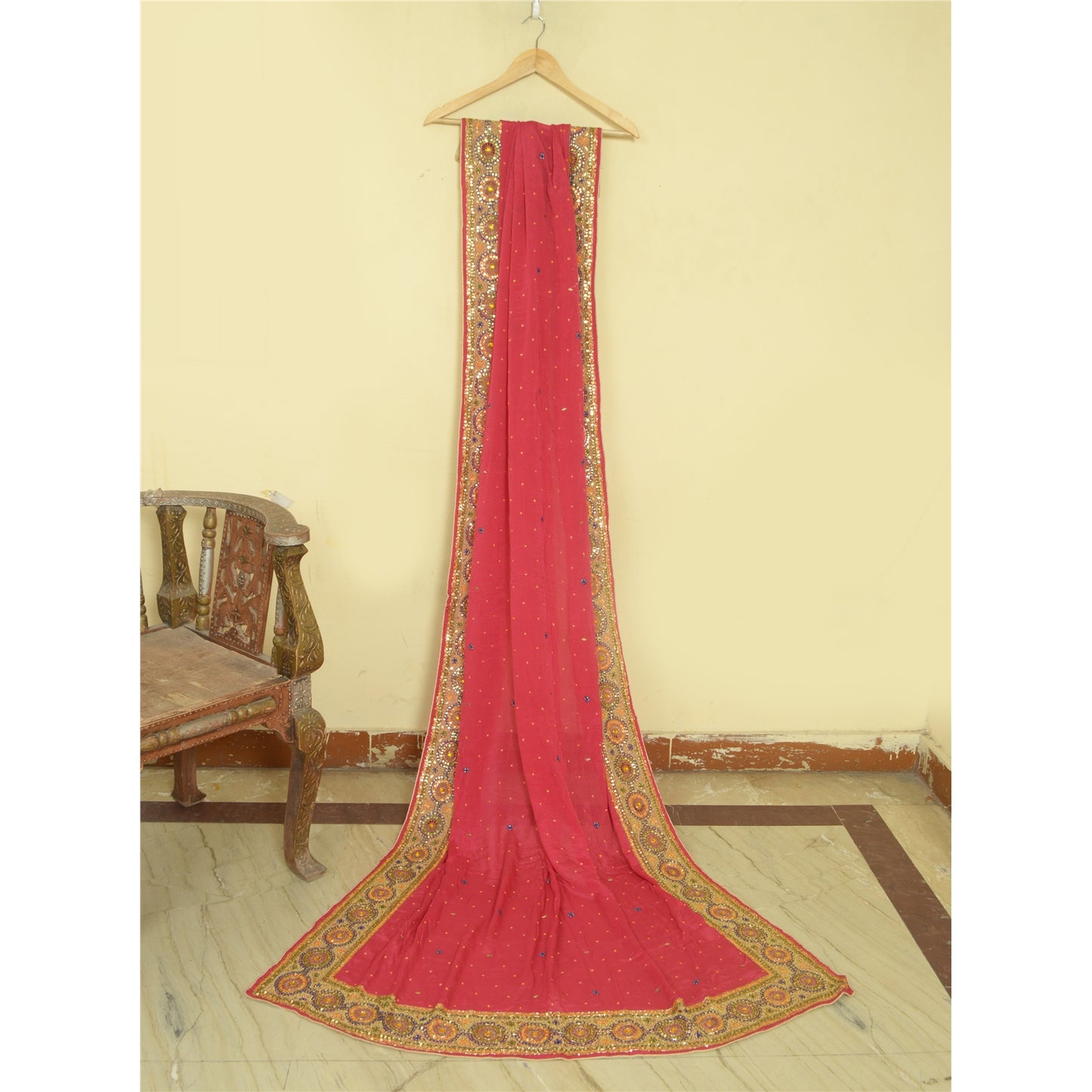 Sanskriti Vintage Long Dupatta Stole Pure Silk Pink Hand Beaded Wrap Scarves