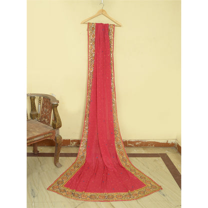 Sanskriti Vintage Long Dupatta Stole Pure Silk Pink Hand Beaded Wrap Scarves