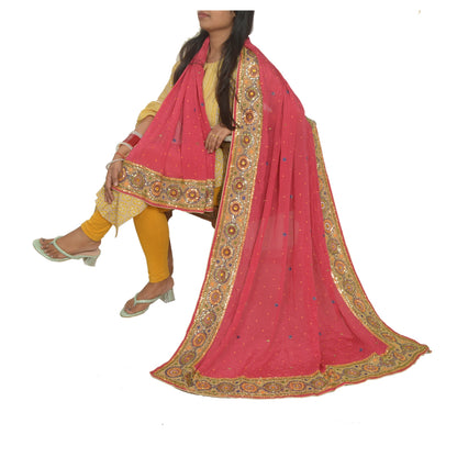 Sanskriti Vintage Long Dupatta Stole Pure Silk Pink Hand Beaded Wrap Scarves