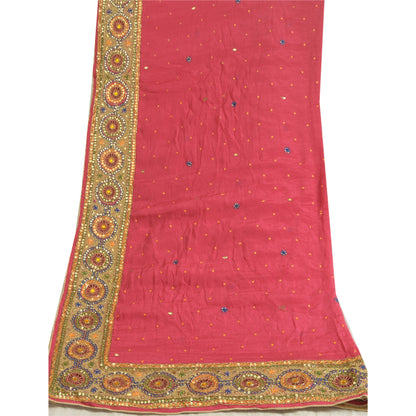 Sanskriti Vintage Long Dupatta Stole Pure Silk Pink Hand Beaded Wrap Scarves