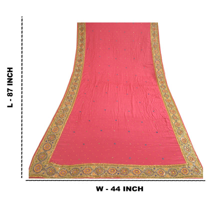 Sanskriti Vintage Long Dupatta Stole Pure Silk Pink Hand Beaded Wrap Scarves