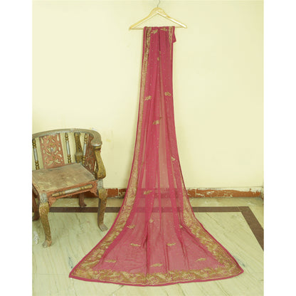 Sanskriti Vintage Long Pink Dupatta/Stole Pure Georgette Silk Hand Beaded Veil