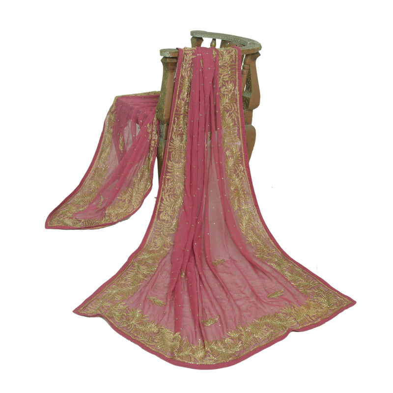 Sanskriti Vintage Pink Pure Georgette Dupatta Stole Hand Beaded Sequins Veil Crafting, Upcycling, Recycling, Dress Making,Home Decor,