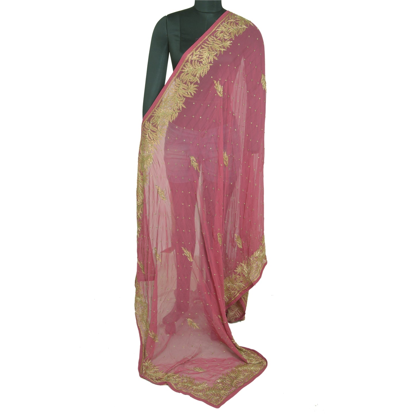 Sanskriti Vintage Long Pink Dupatta/Stole Pure Georgette Silk Hand Beaded Veil