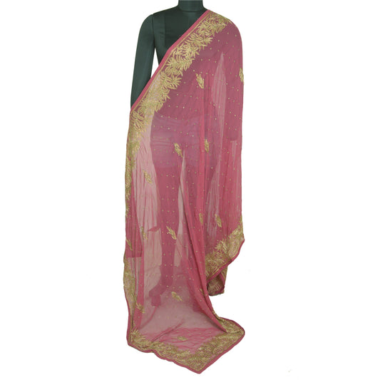 Sanskriti Vintage Long Pink Dupatta/Stole Pure Georgette Silk Hand Beaded Veil