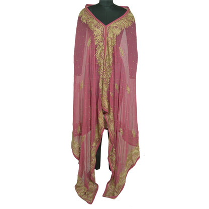 Sanskriti Vintage Long Pink Dupatta/Stole Pure Georgette Silk Hand Beaded Veil