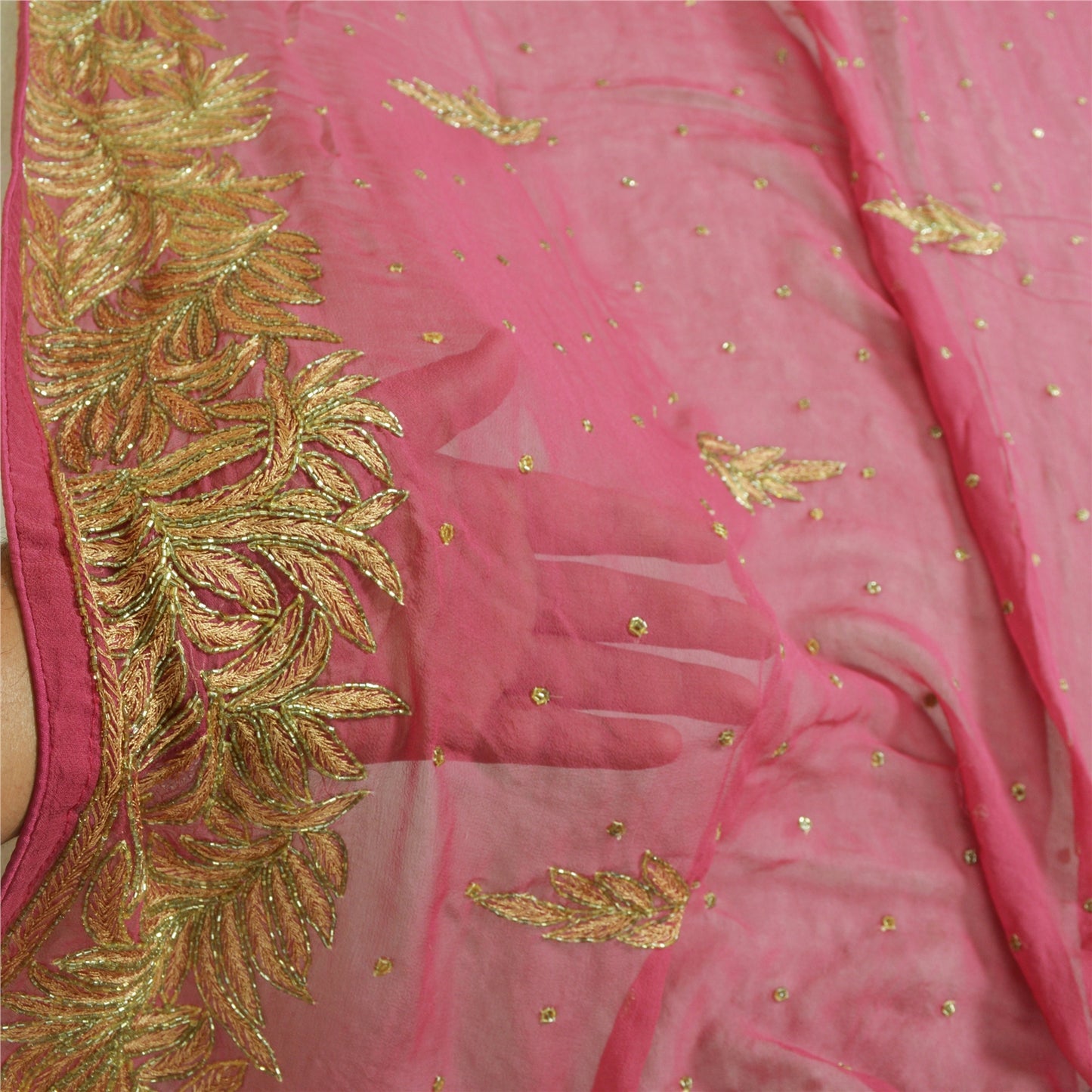 Sanskriti Vintage Long Pink Dupatta/Stole Pure Georgette Silk Hand Beaded Veil