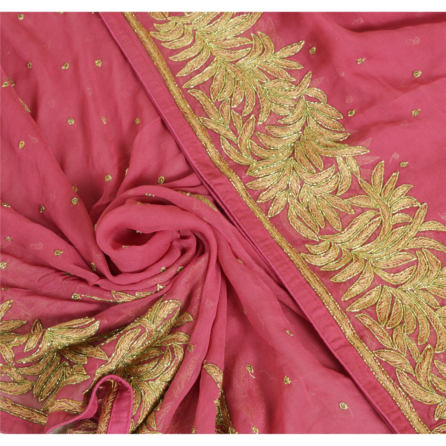 Sanskriti Vintage Long Pink Dupatta/Stole Pure Georgette Silk Hand Beaded Veil
