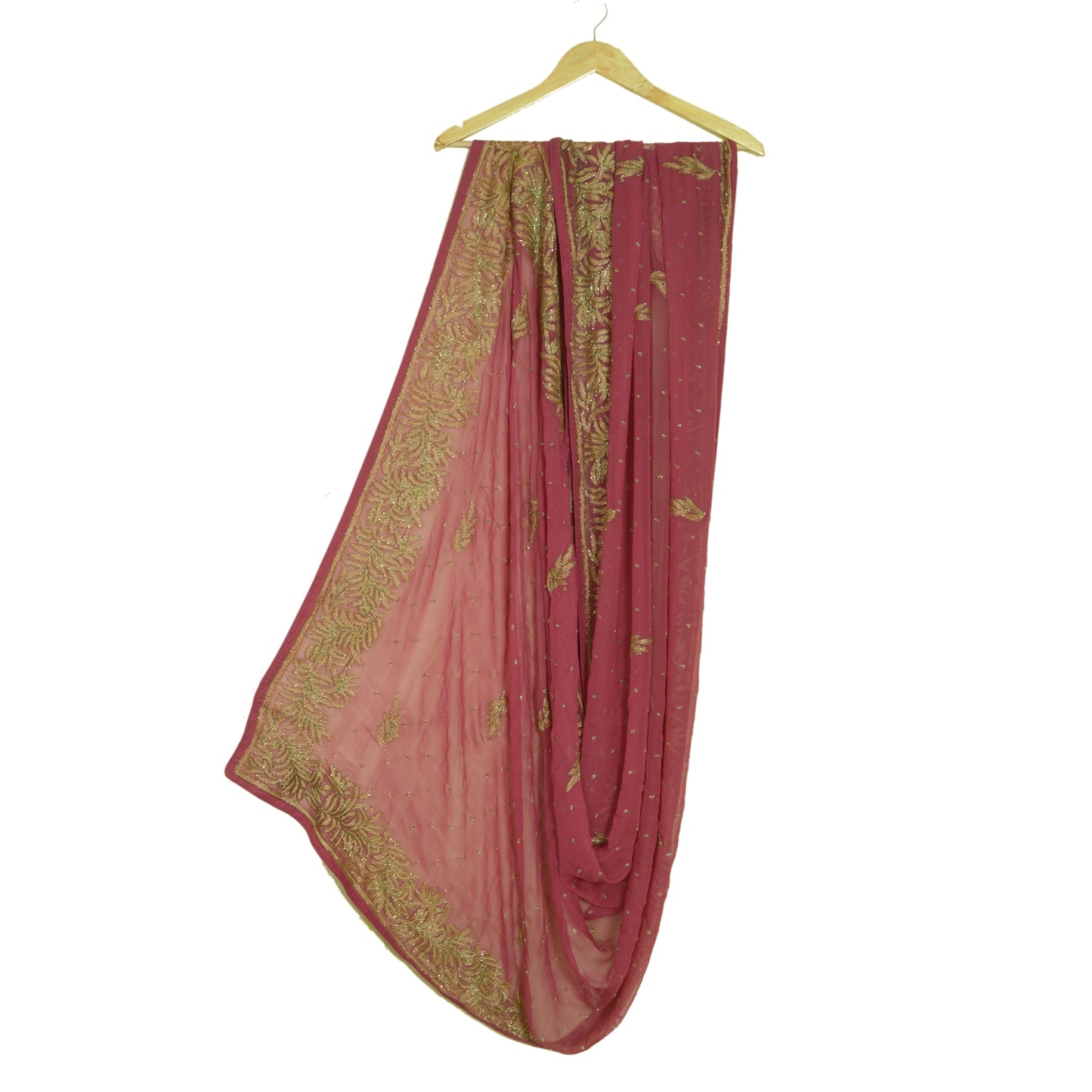 Sanskriti Vintage Long Pink Dupatta/Stole Pure Georgette Silk Hand Beaded Veil