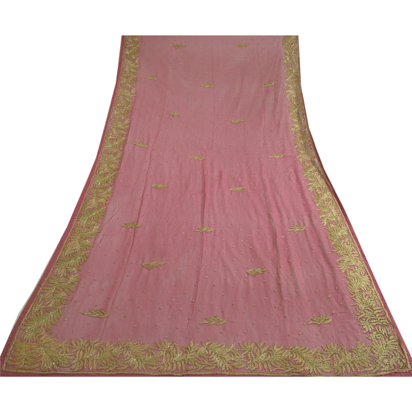 Sanskriti Vintage Long Pink Dupatta/Stole Pure Georgette Silk Hand Beaded Veil