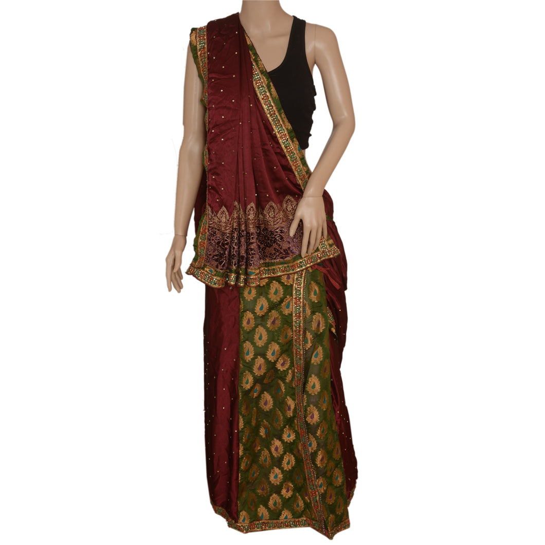 Vintage Saree Satin Silk Lehenga Sari Hand Beaded Pre Stitched Maroon Rhinestone