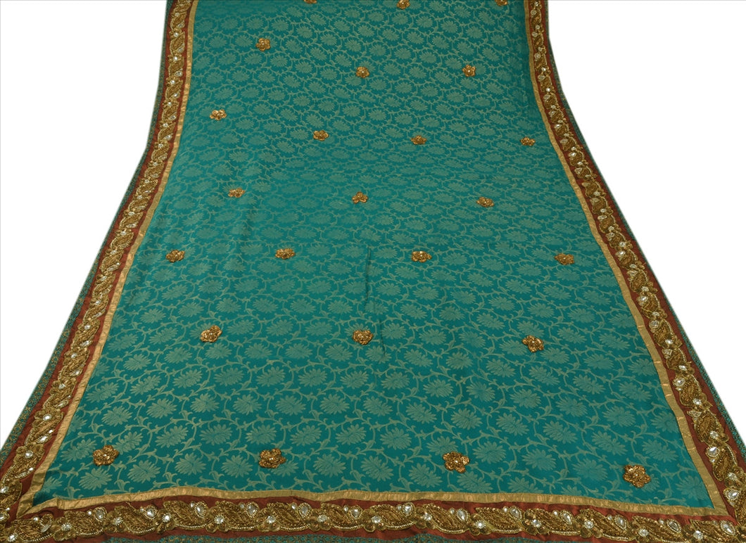 Sanskriti Vintage Green Indian 100% Pure Georgette Silk Saree With Blouse Hand Beaded Sari
