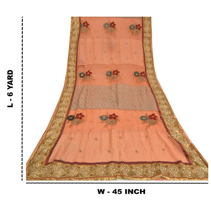 Sanskriti Vintage Peach Heavy Sarees Blend Georgette Embroidered Sari Sustainable Fabric