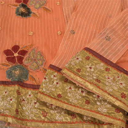 Sanskriti Vintage Peach Heavy Sarees Blend Georgette Embroidered Sari Sustainable Fabric