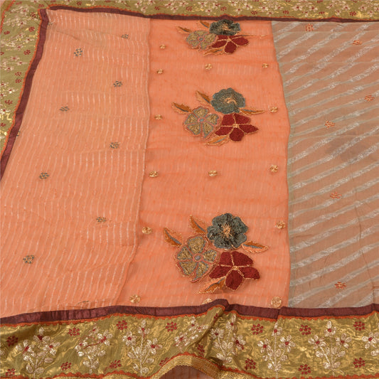 Sanskriti Vintage Peach Heavy Sarees Blend Georgette Broderet Sari Bæredygtigt Stoff