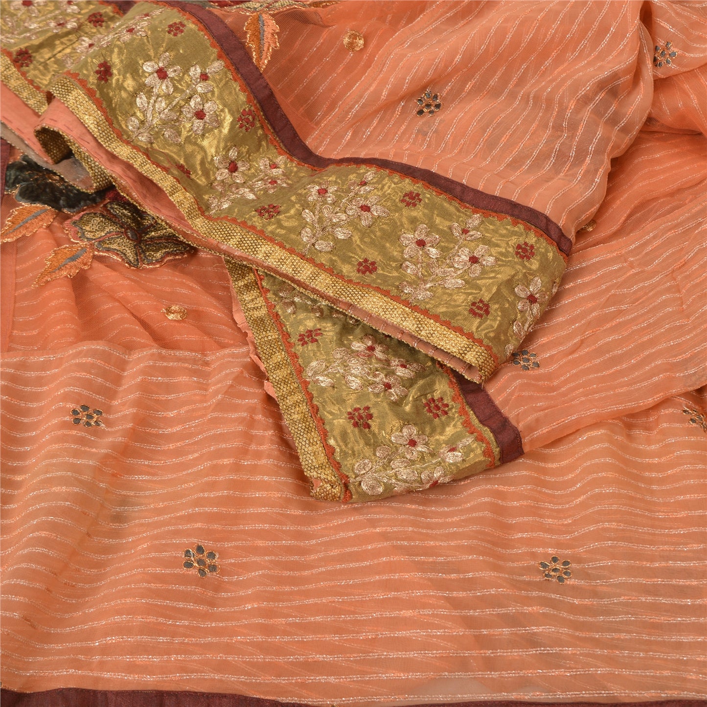 Sanskriti Vintage Peach Heavy Sarees Blend Georgette Embroidered Sari Sustainable Fabric