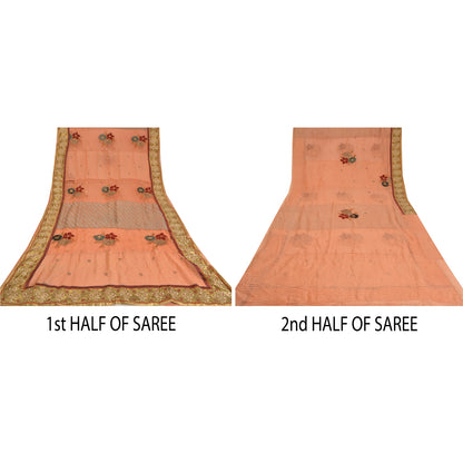 Sanskriti Vintage Peach Heavy Sarees Blend Georgette Embroidered Sari Sustainable Fabric