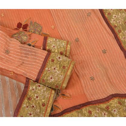 Sanskriti Vintage Peach Heavy Sarees Blend Georgette Embroidered Sari Sustainable Fabric
