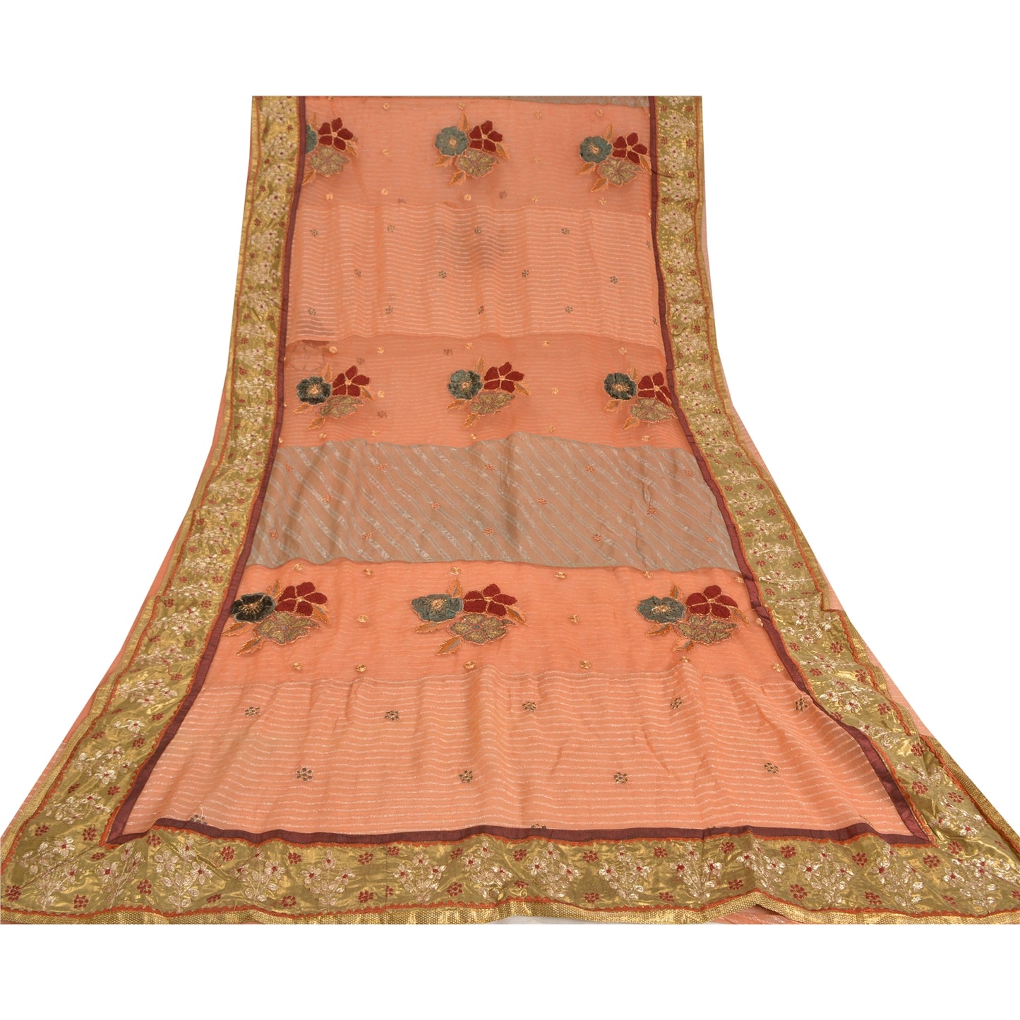 Sanskriti Vintage Peach Heavy Sarees Blend Georgette Embroidered Sari Sustainable Fabric