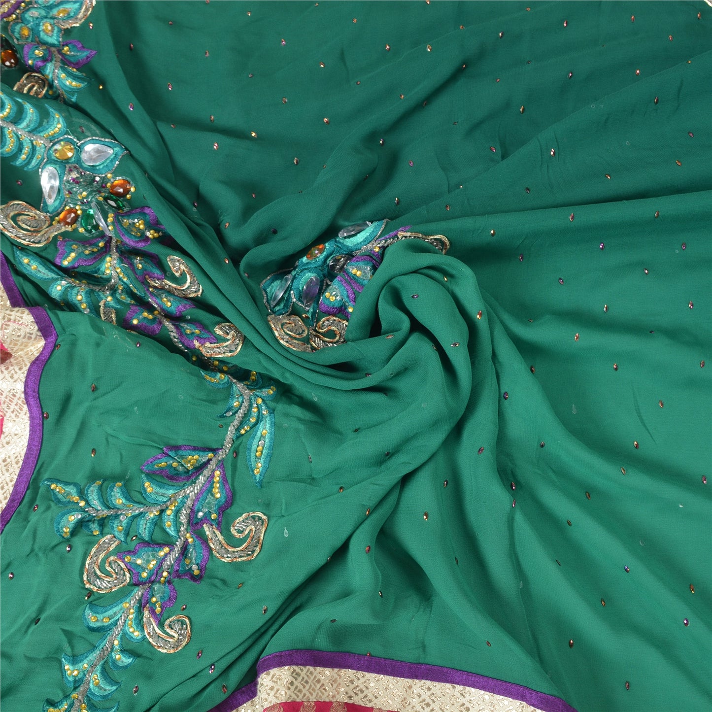 Sanskriti Vintage Green Heavy Sarees Blend Georgette Sari Hand Beaded Sustainable Fabric