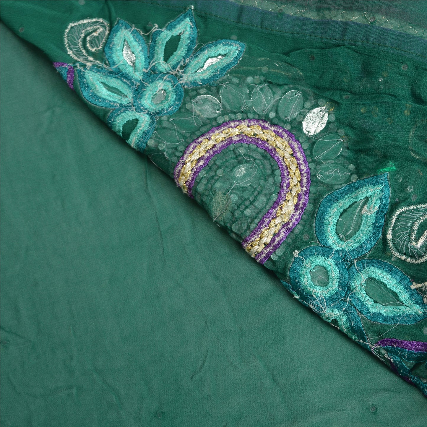 Sanskriti Vintage Green Heavy Sarees Blend Georgette Sari Hand Beaded Sustainable Fabric