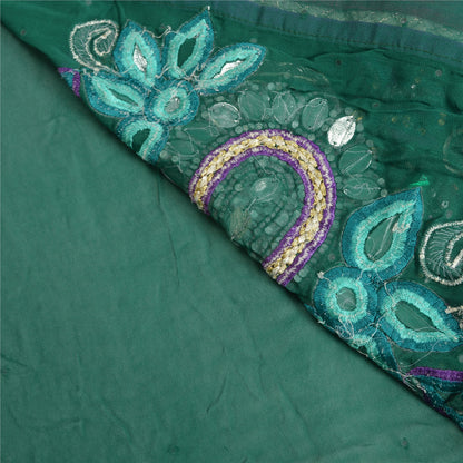 Sanskriti Vintage Green Heavy Sarees Blend Georgette Sari Hand Beaded Sustainable Fabric