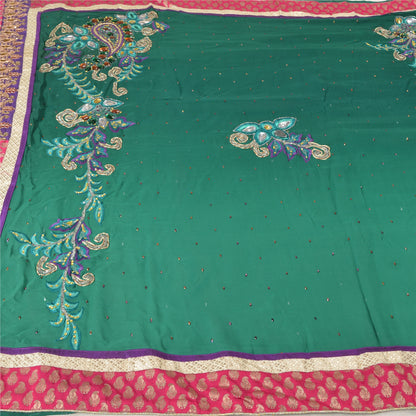 Sanskriti Vintage Green Heavy Sarees Blend Georgette Sari Hand Beaded Sustainable Fabric