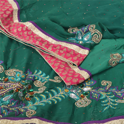 Sanskriti Vintage Green Heavy Sarees Blend Georgette Sari Hand Beaded Sustainable Fabric