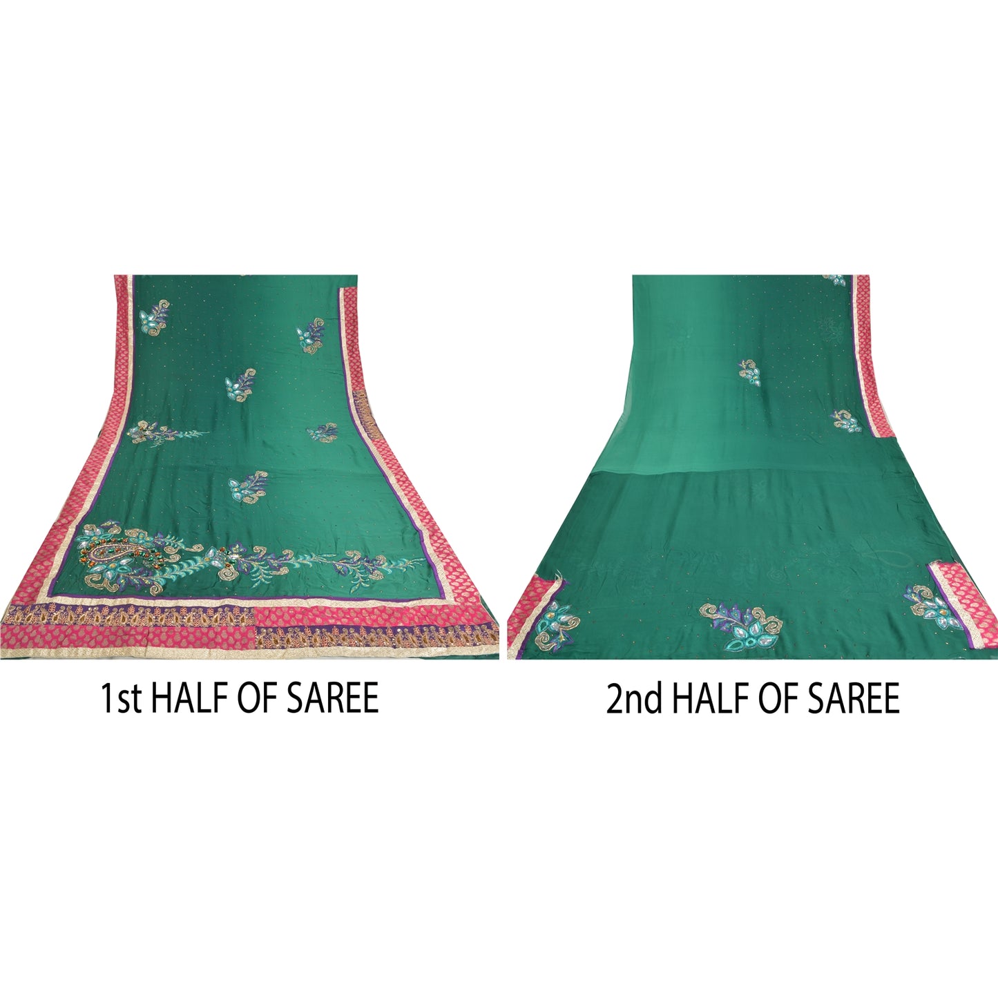 Sanskriti Vintage Green Heavy Sarees Blend Georgette Sari Hand Beaded Sustainable Fabric