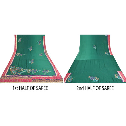 Sanskriti Vintage Green Heavy Sarees Blend Georgette Sari Hand Beaded Sustainable Fabric