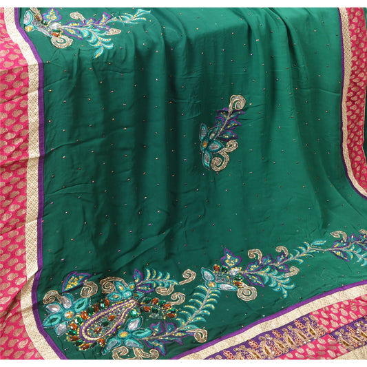 Sanskriti Vintage Green Heavy Sarees Blend Georgette Sari Hand Beaded Sustainable Fabric