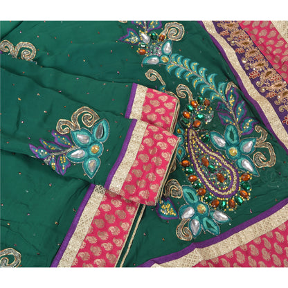 Sanskriti Vintage Green Heavy Sarees Blend Georgette Sari Hand Beaded Sustainable Fabric