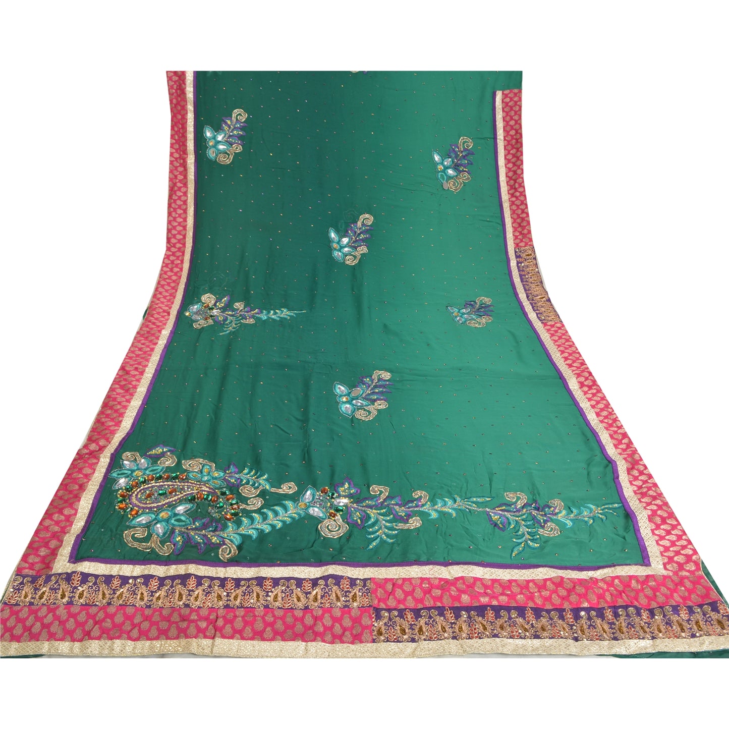 Sanskriti Vintage Green Heavy Sarees Blend Georgette Sari Hand Beaded Sustainable Fabric