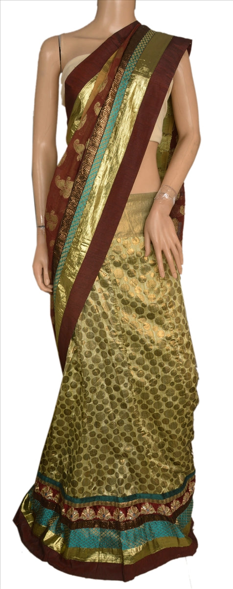 Vintage Indian Saree Cotton Embroidered Woven Pre stitched Chanderi Lehenga Sari