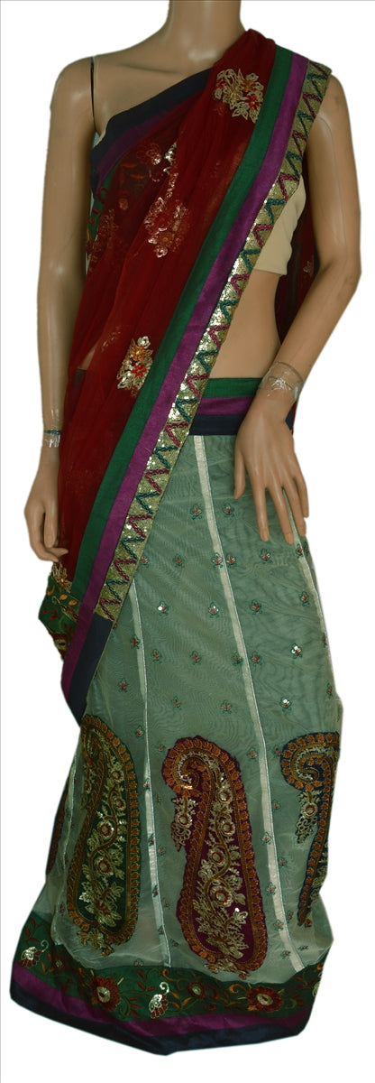 Vintage Indian Saree Net Mesh Embroidered Craft Fabric Sari Maroon Sequins Work