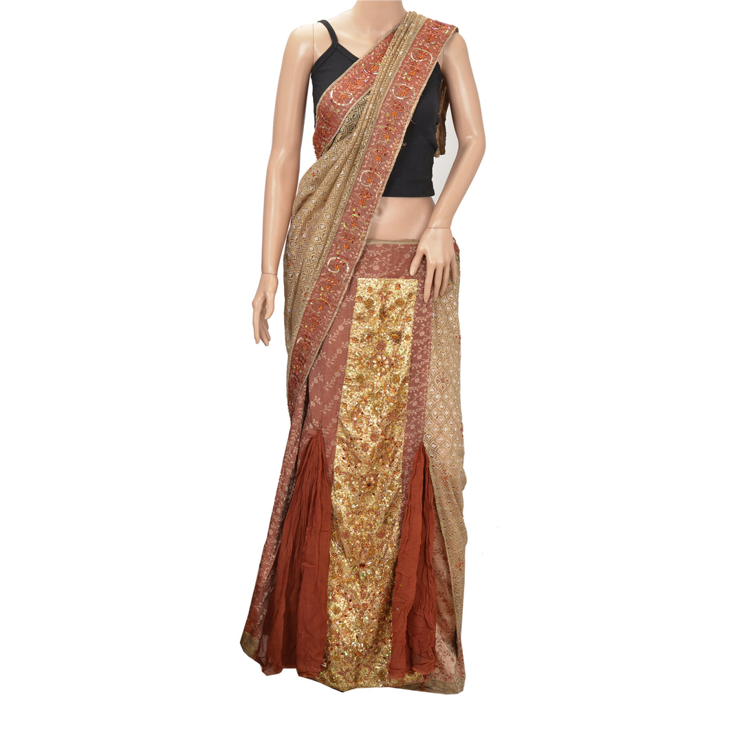 Sanskriti Vintage Hand Beaded Net Heavy Lehenga Saree Brown Sari Sequence Beads