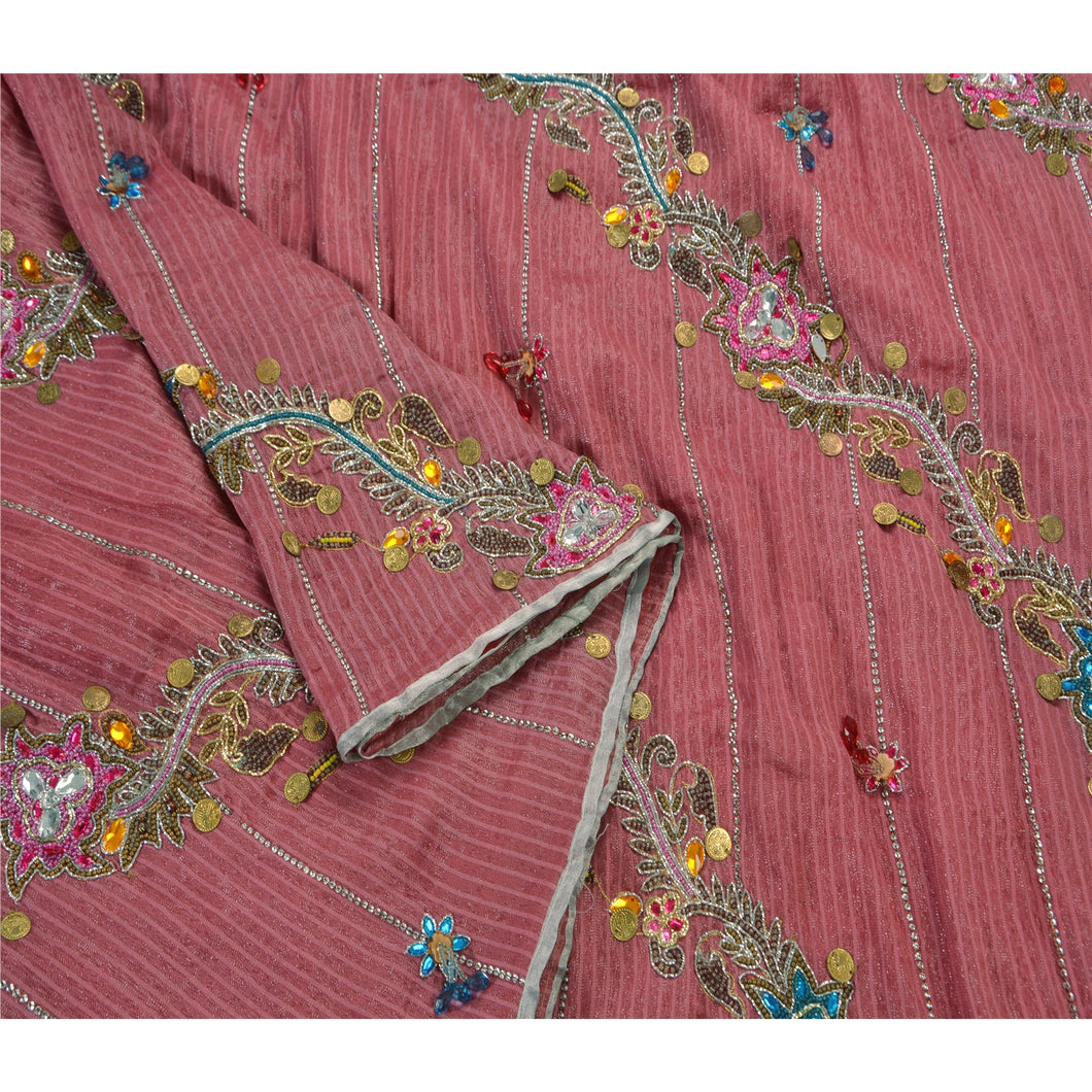 Sanskriti Vintage Hand Beaded Heavy Saree Blend Georgette Pink Woven Sari