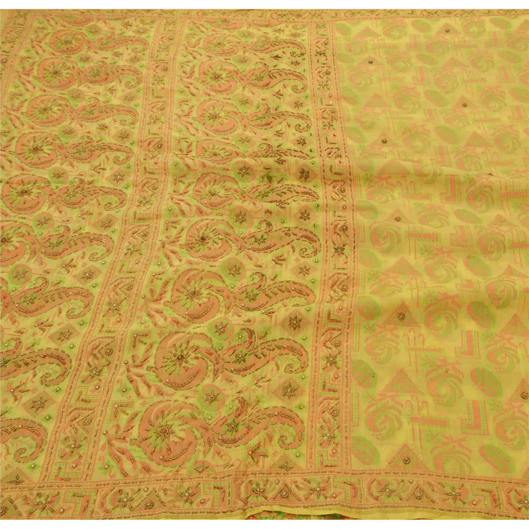 Sanskriti Vintage Cream Hand Beaded Woven Heavy Saree 100% Pure Silk Fabric Sari