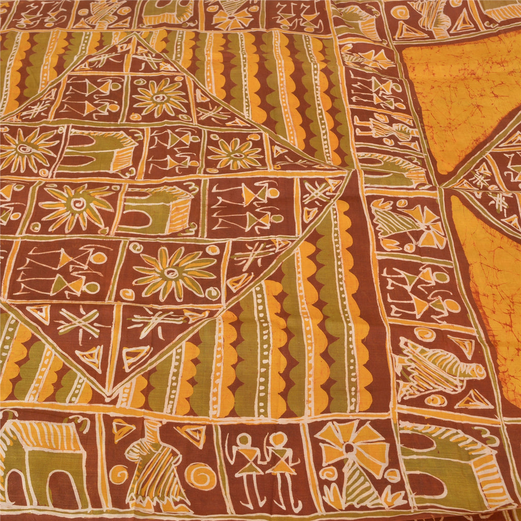 Sanskriti Vintage Yellow Batik Work Heavy Sarees 100% Pure Silk Warli Art Sari